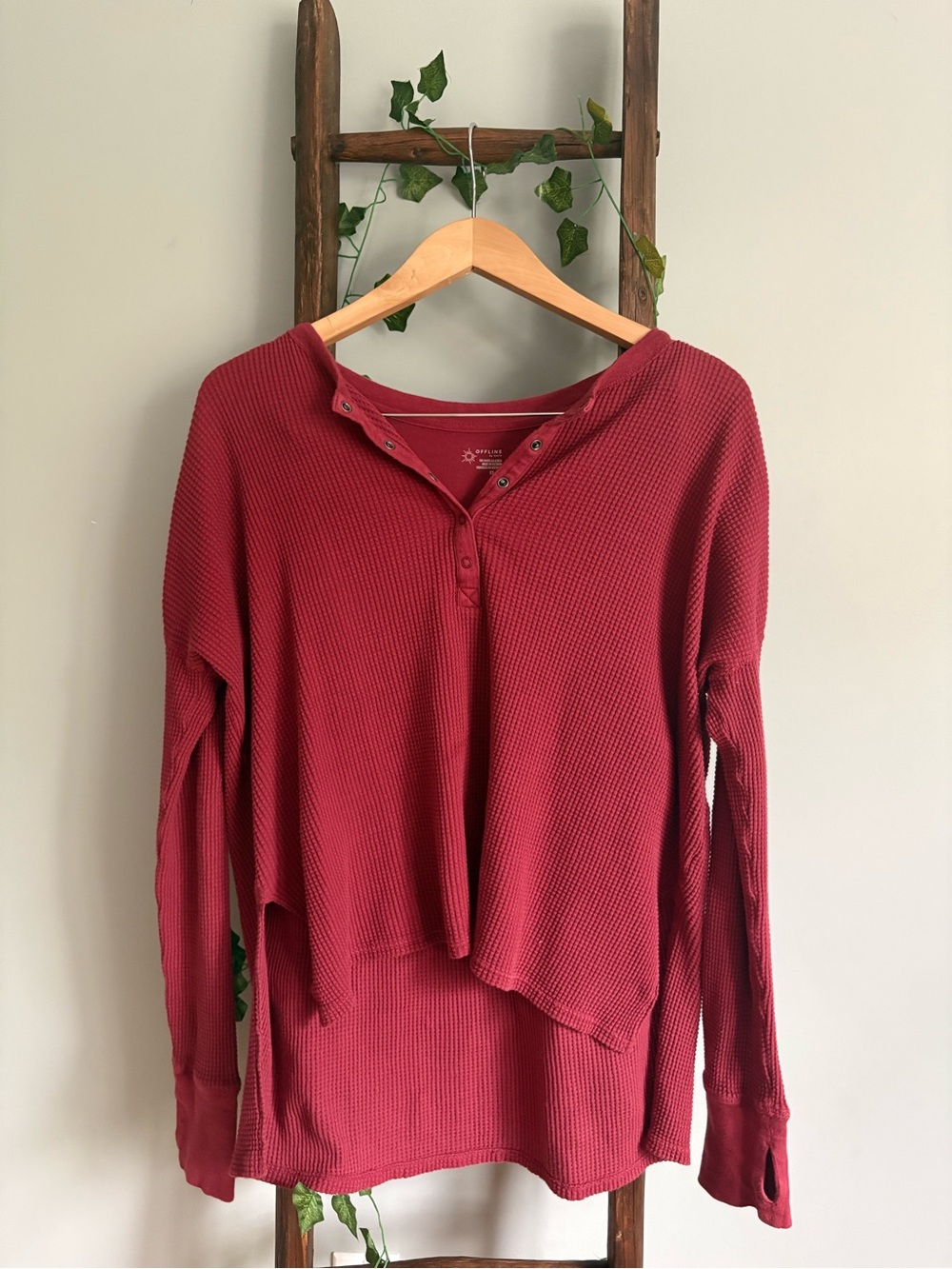 Aerie Women's Waffle Henley Top - Red Plum